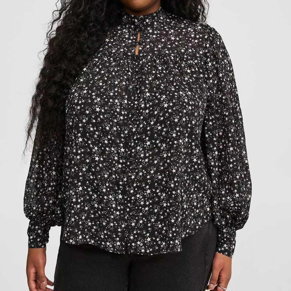 Torrid | Chiffon Button Up Bishop Sleeve Top Twinkle Stars Black High Neck